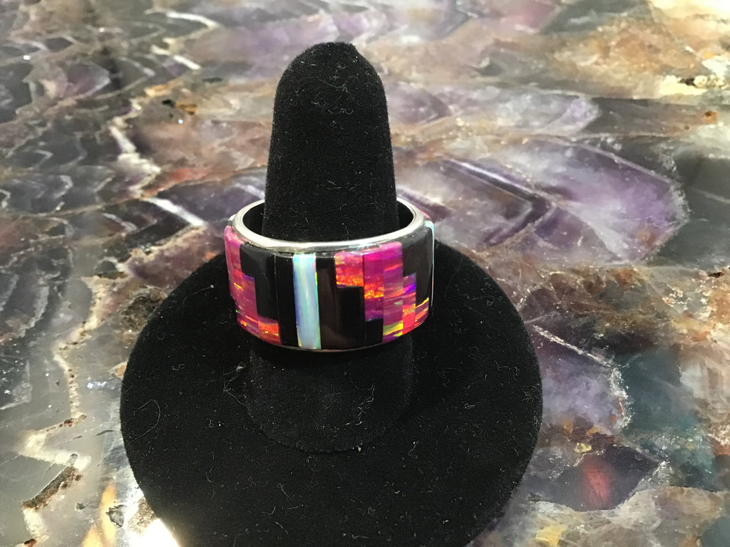 Fire Opal and Onyx Inlay Band
