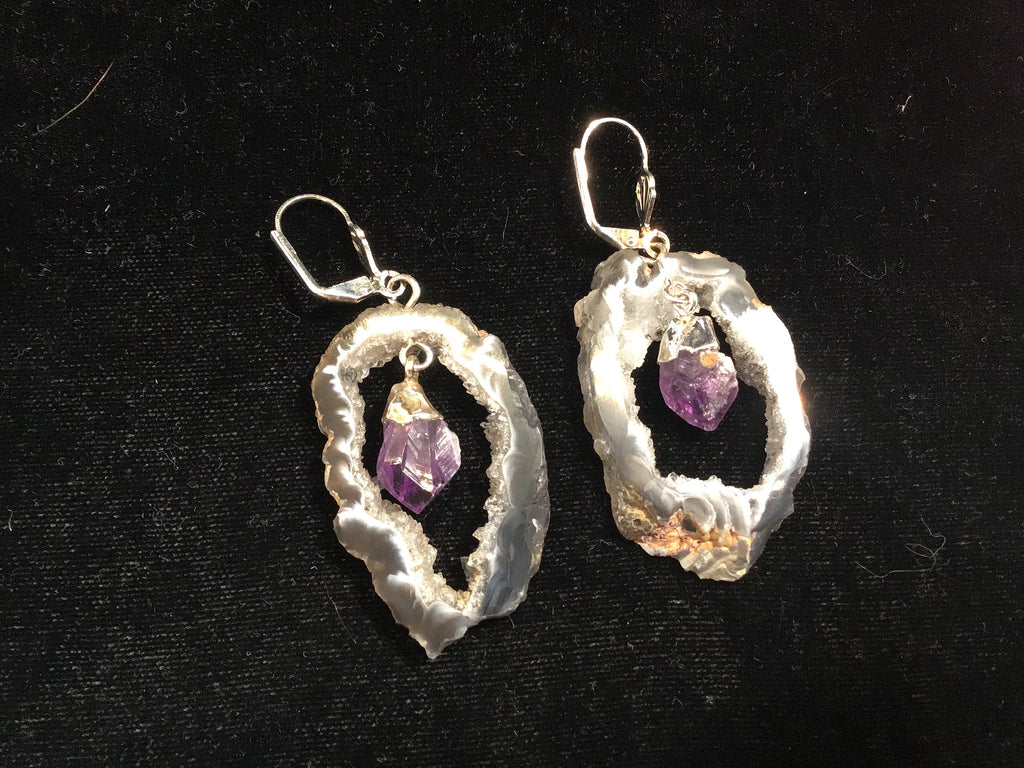 Agate Slice with Amethyst Point Dangle Earring