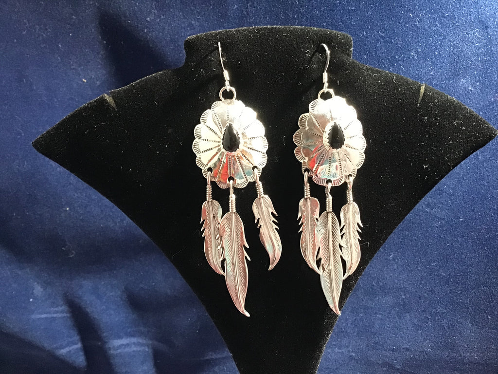 Sterling Onyx Concho Earrings with 3 Dangle Feathers