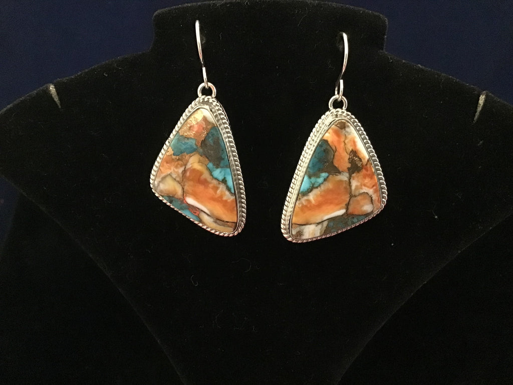 Sterling Painted Desert Earrings, comprised of turquoise, orange spiny oyster and bronze compressed