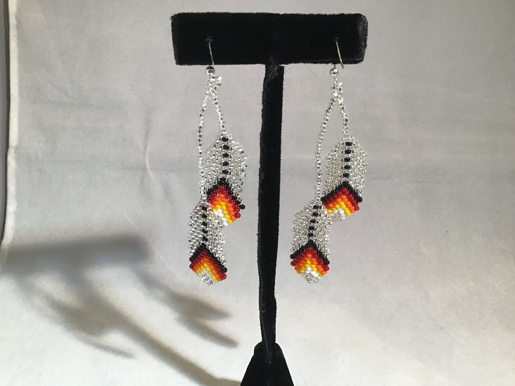 Back view Silver Colored Seed Bead Feather Earring