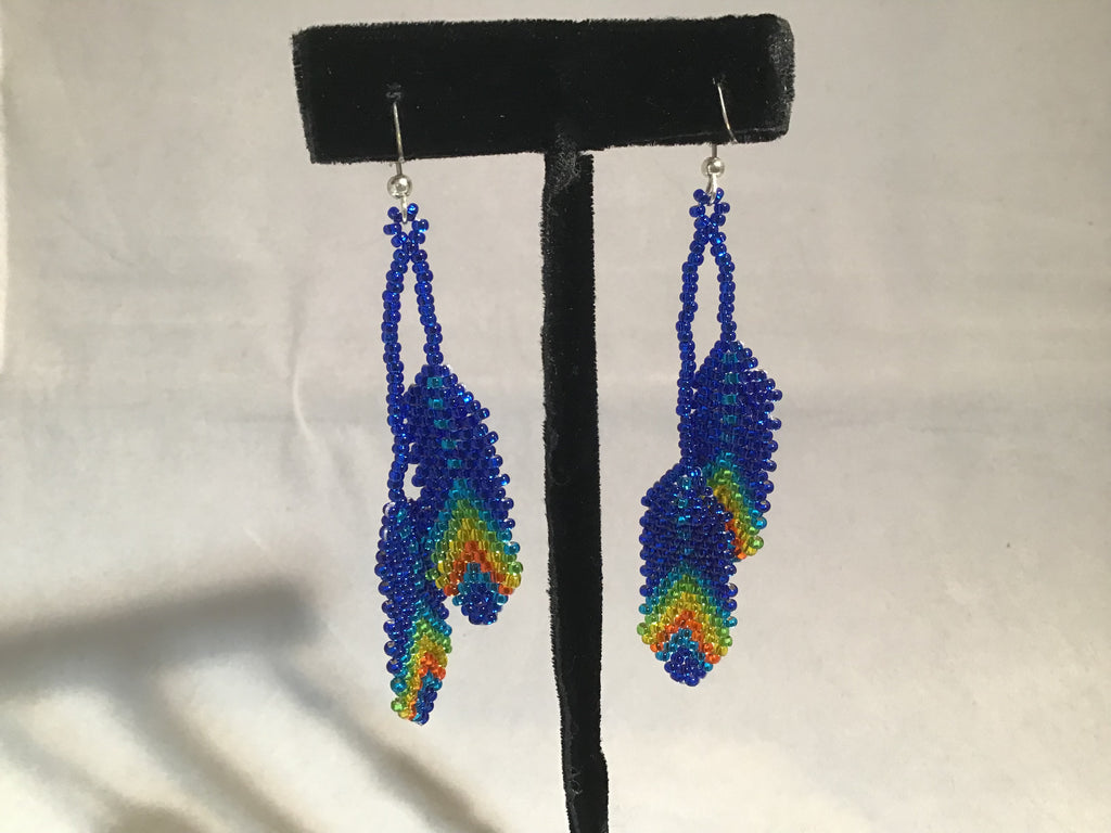 Back View Dark Blue Seed Bead Feather Earring