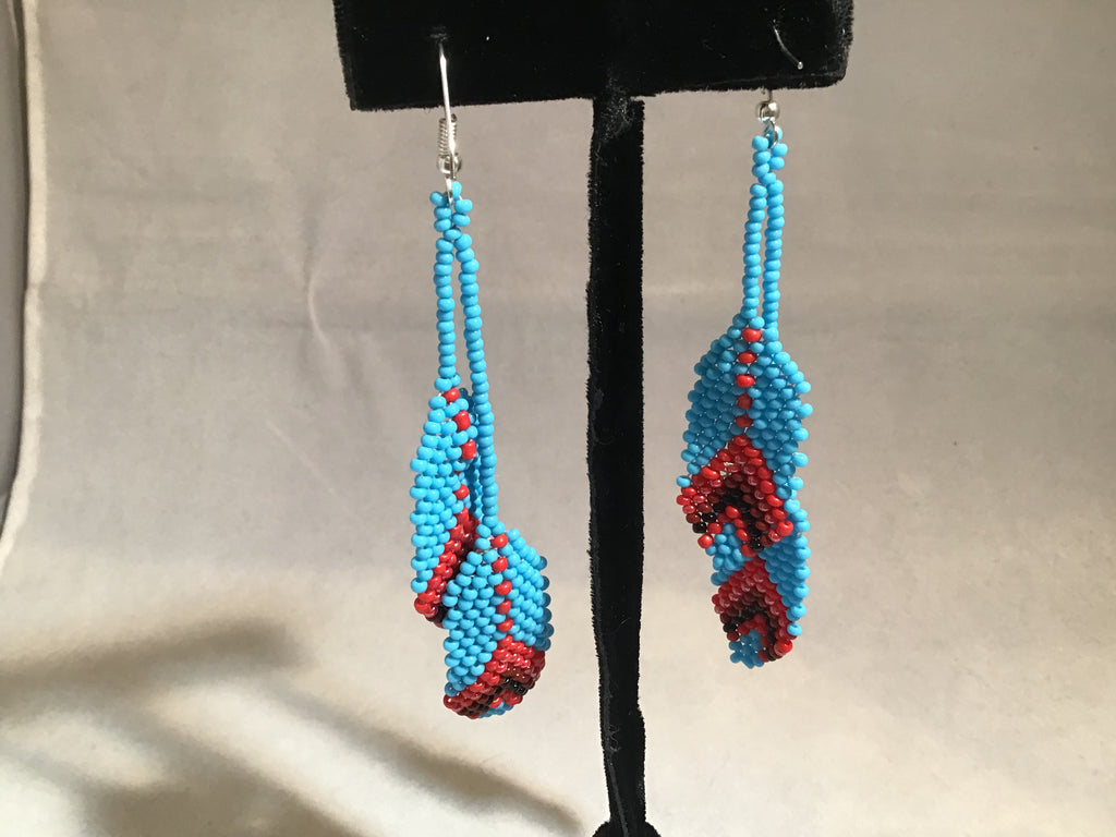 Back View Turquoise colored Seed Bead Feather Earring