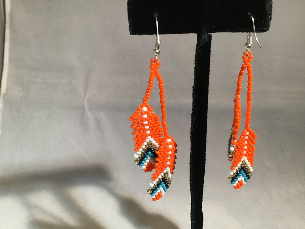 Back view Orange Seed Bead Feather Earring