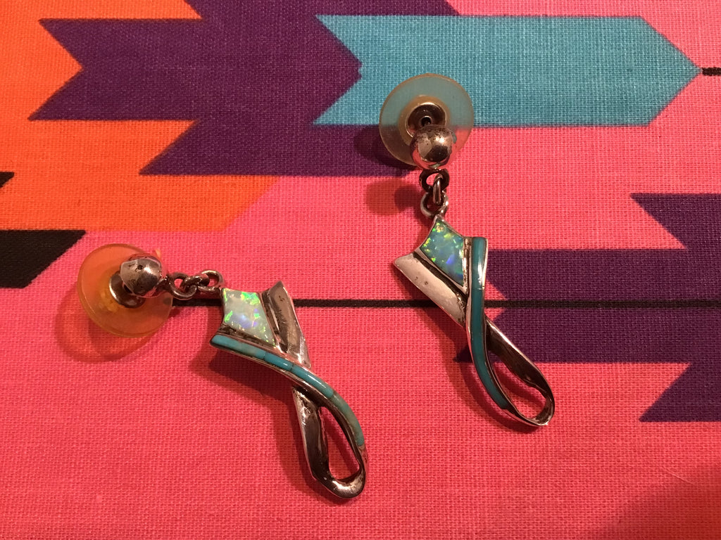 Turquoise and Fire Opal Inlay Earrings