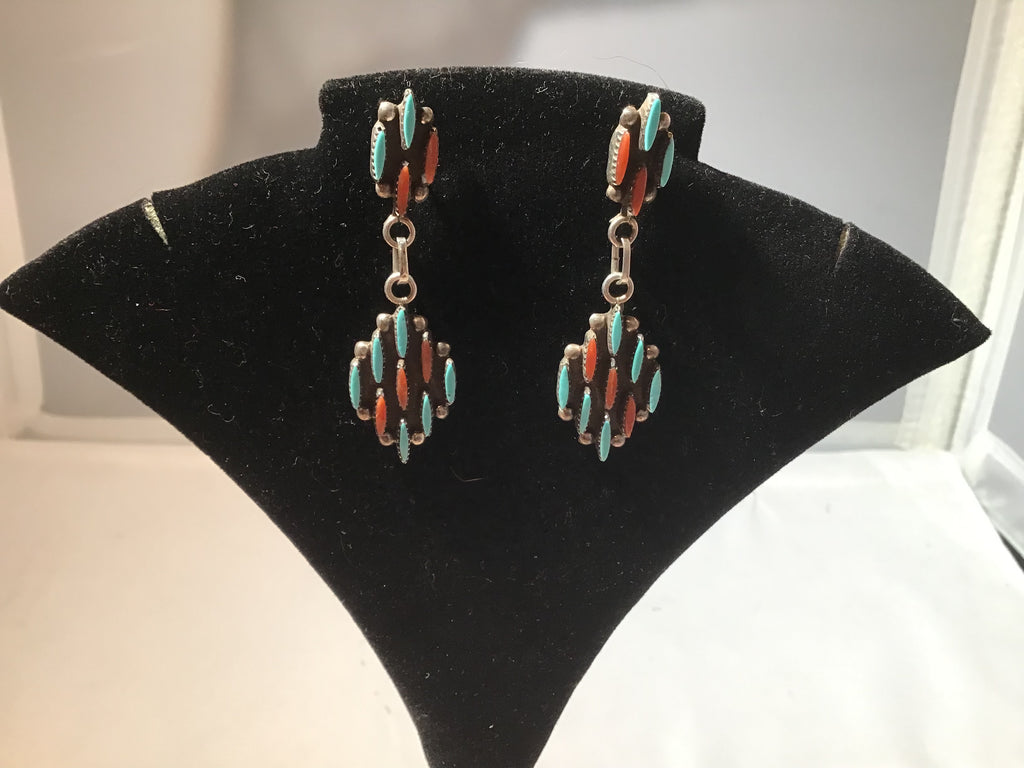 Zuni Needle Point Turquoise and Coral Earrings
