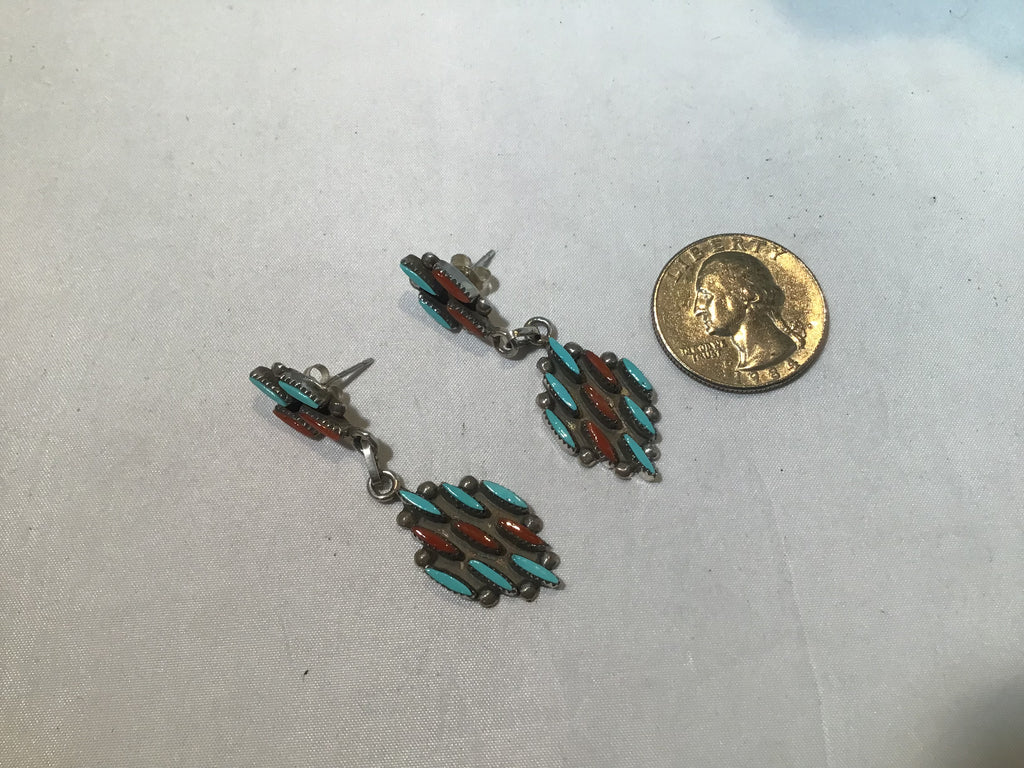 Turquoise and Coral Needle Point Earrings