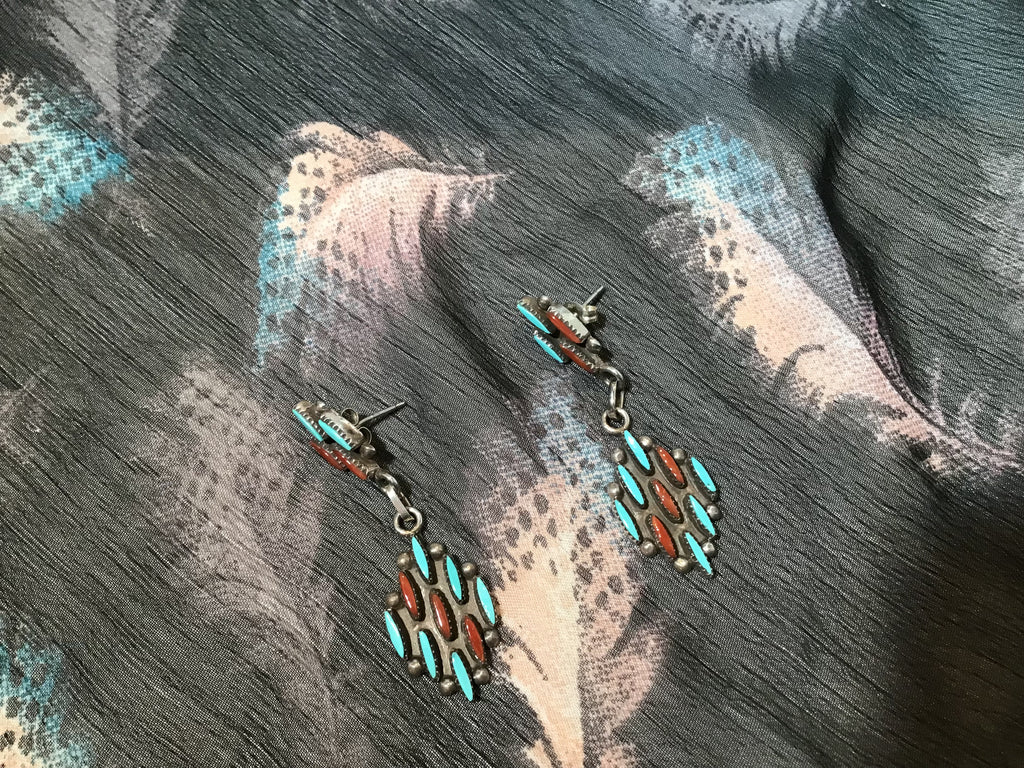 Needle Point Turquoise and Coral Earrings