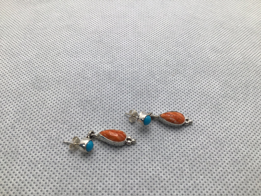 Sterling Turquoise and Orange Spiny Oyster Earrings