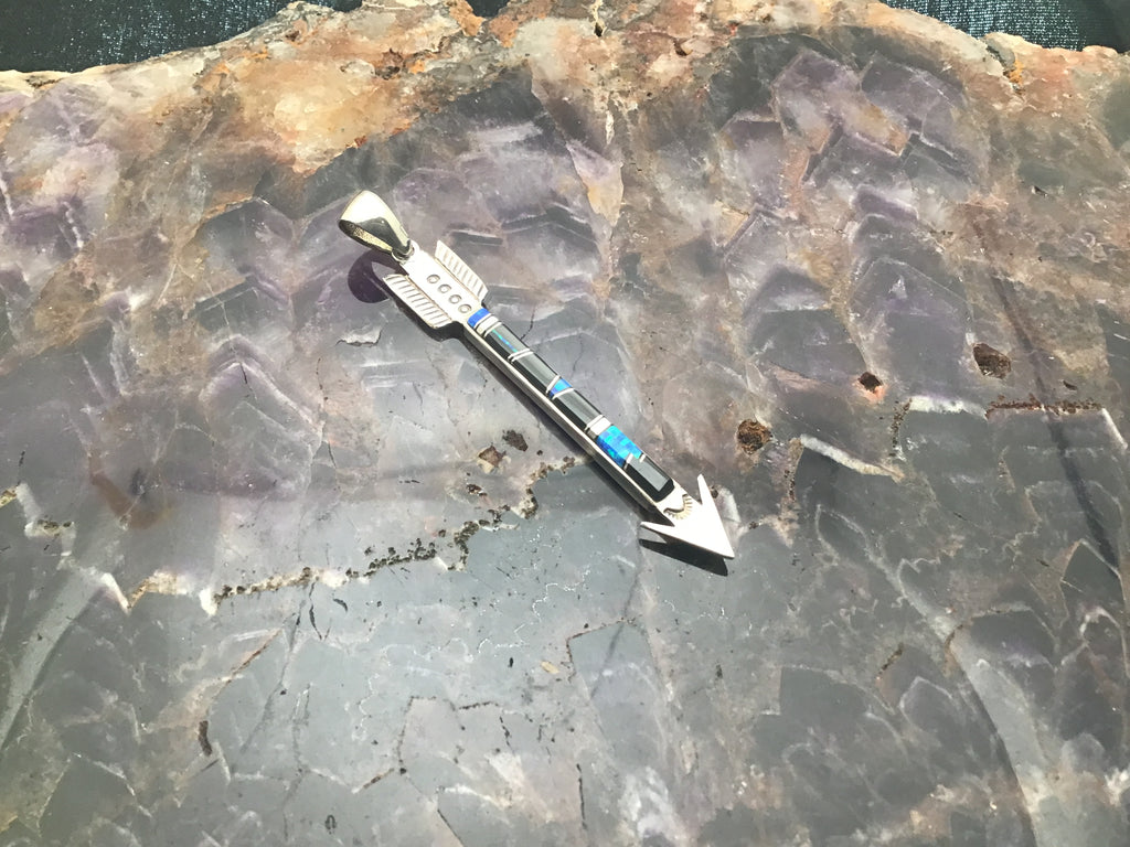 Sterling Arrow Pendant with Onyx and Fire Opal