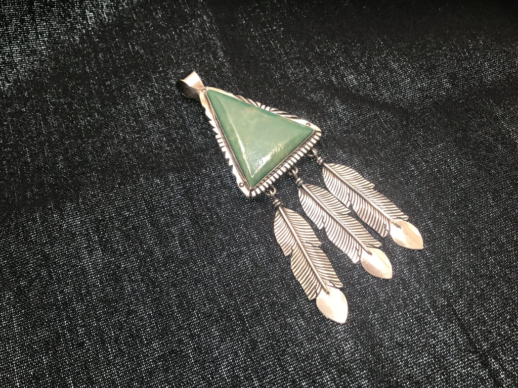 Sterling green turquoise pendant with feathers