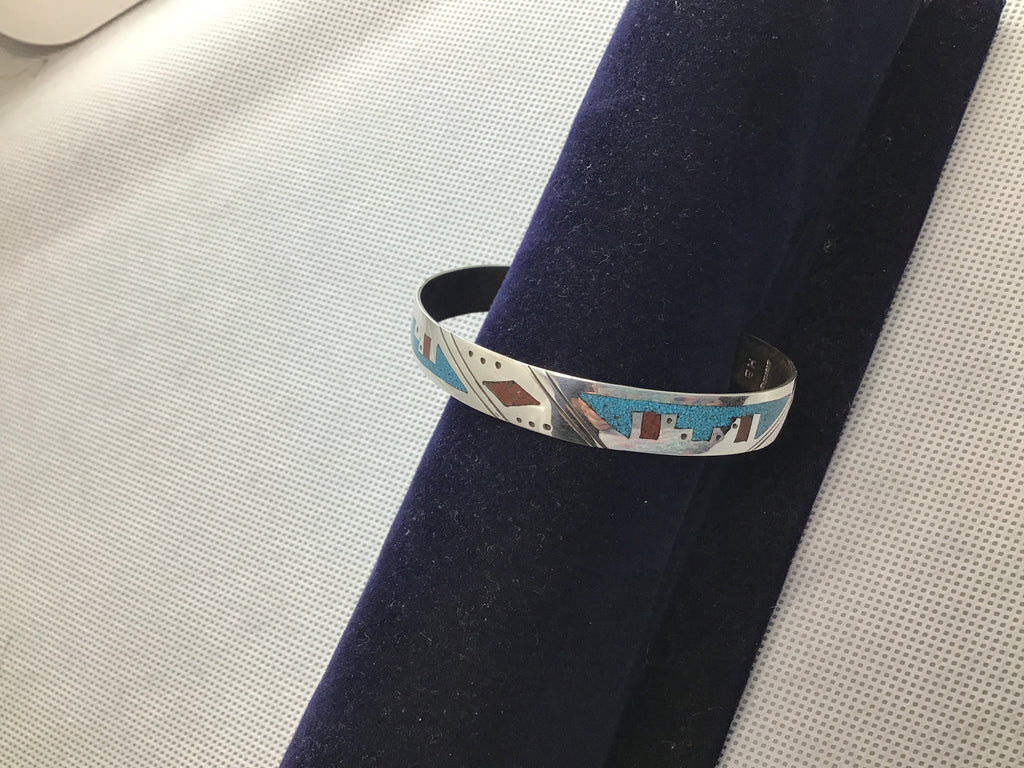 Turquoise and coral chip inlay cuff