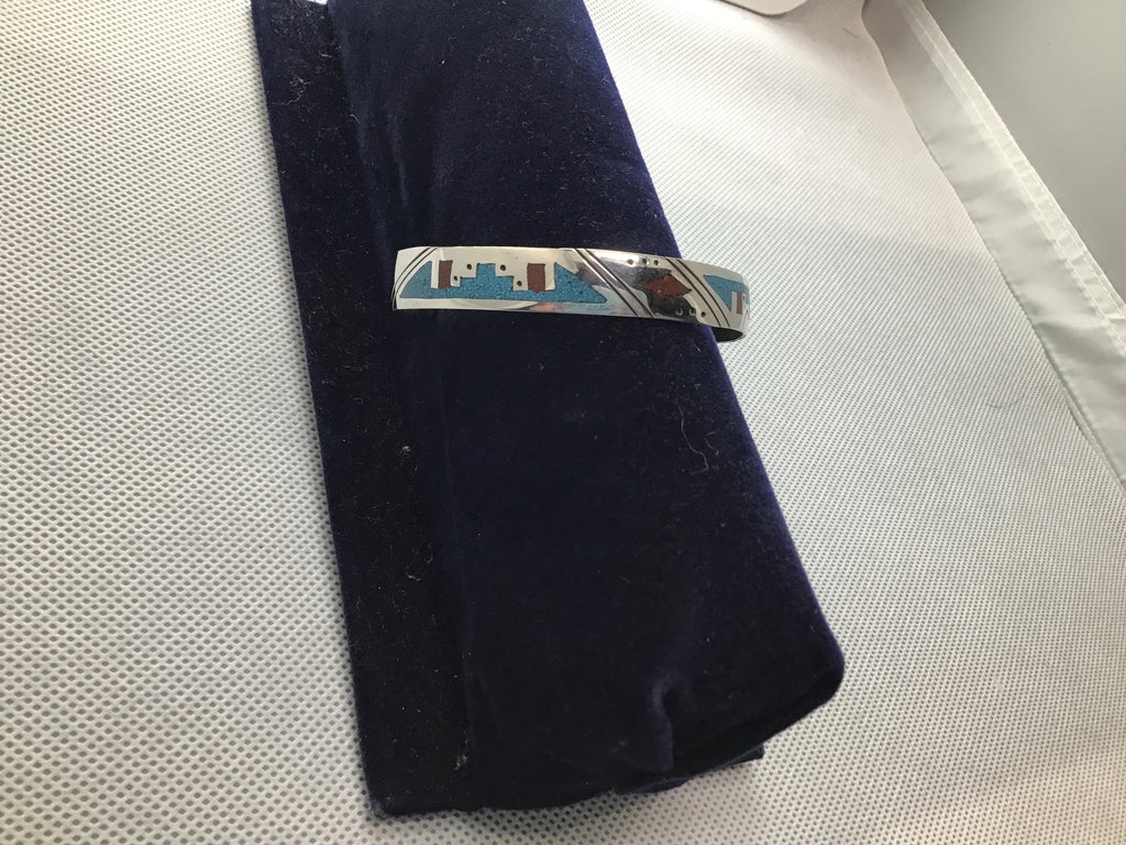Sterling chip inlay turquoise and coral cuff