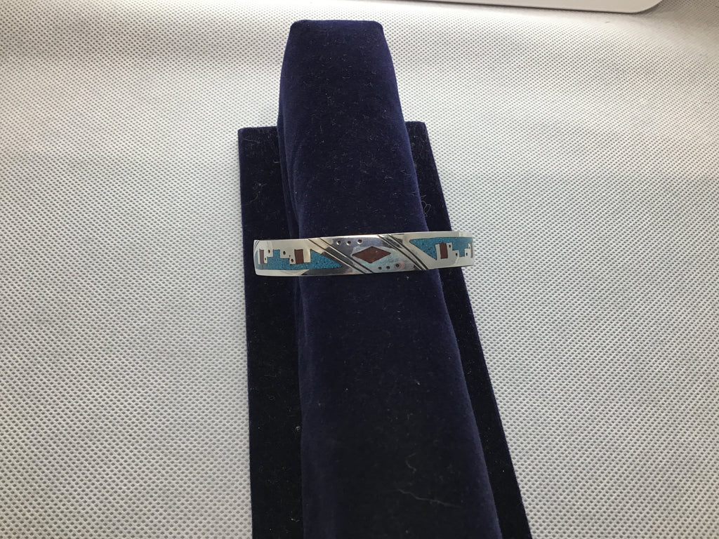Chip inlay turquoise and coral cuff