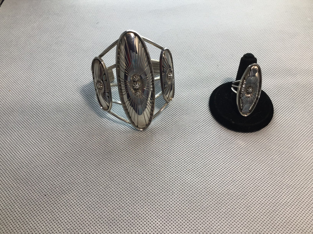 Silver concho bracelet, matching ring sold separately 