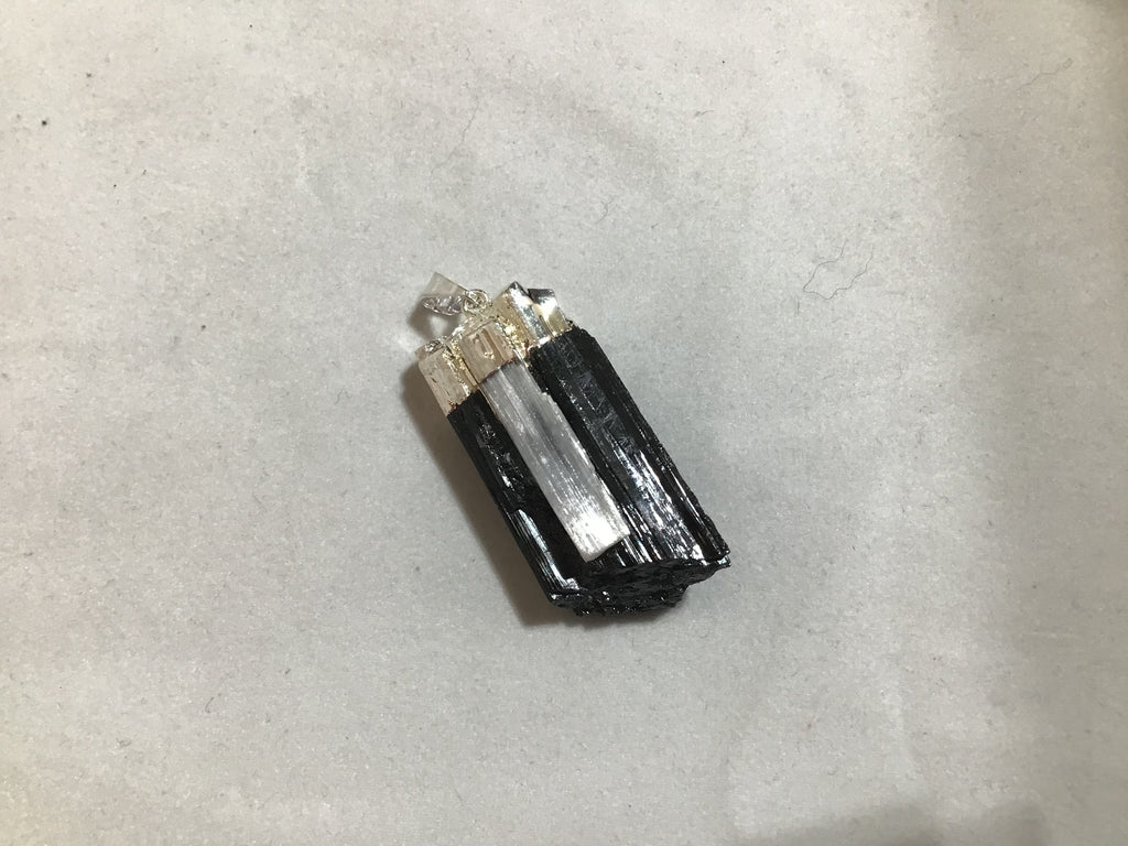 Silver Plated Black Tourmaline with Selenite Pendant