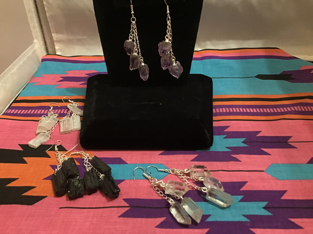 Four gemstone earrings shown, choose color option Amethyst, Black Tourmaline, Quartz, or Selenite