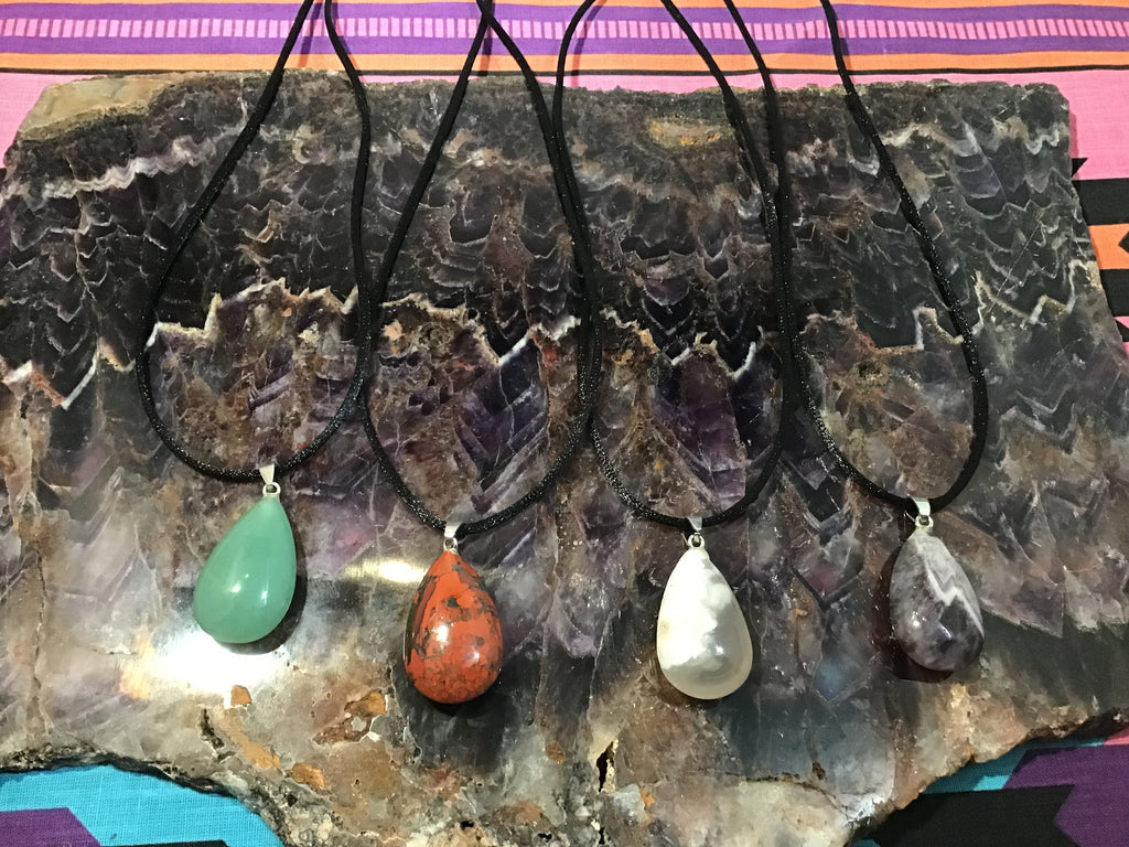 Four necklaces to choose from left to right  Adventurine, Jasper, Agate, and Amethyst