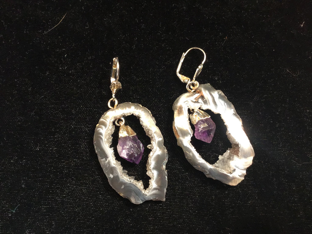 Agate Slice Geode with Amethyst Dangle point Earrings