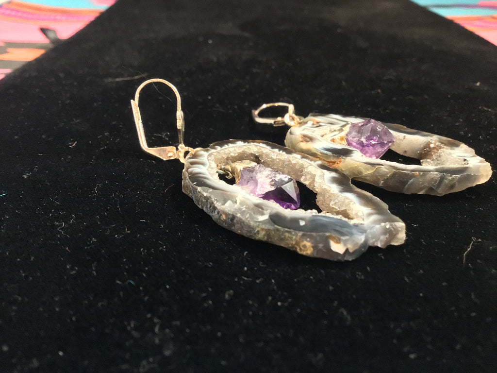 Agate slice with amethyst point earrings