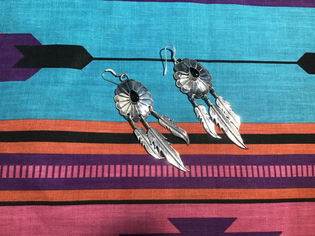 Sterling Onyx Concho Earrings with 3 Dangle Feathers