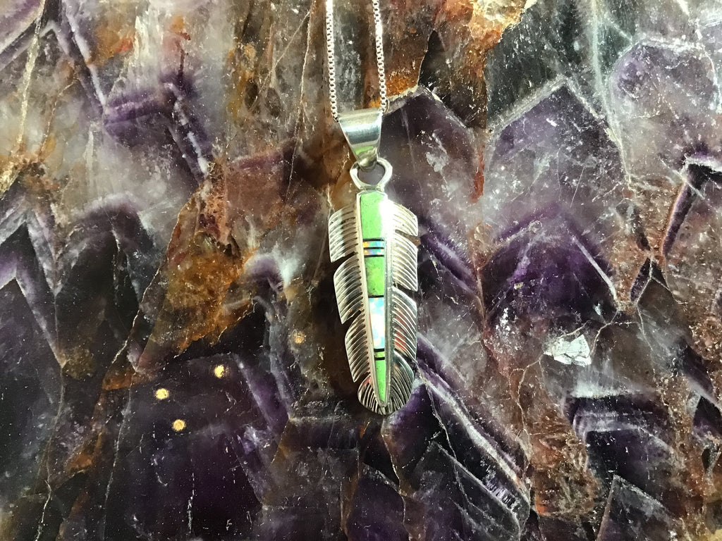 Gaspeite and Fire Opal Inlaid Feather Pendant