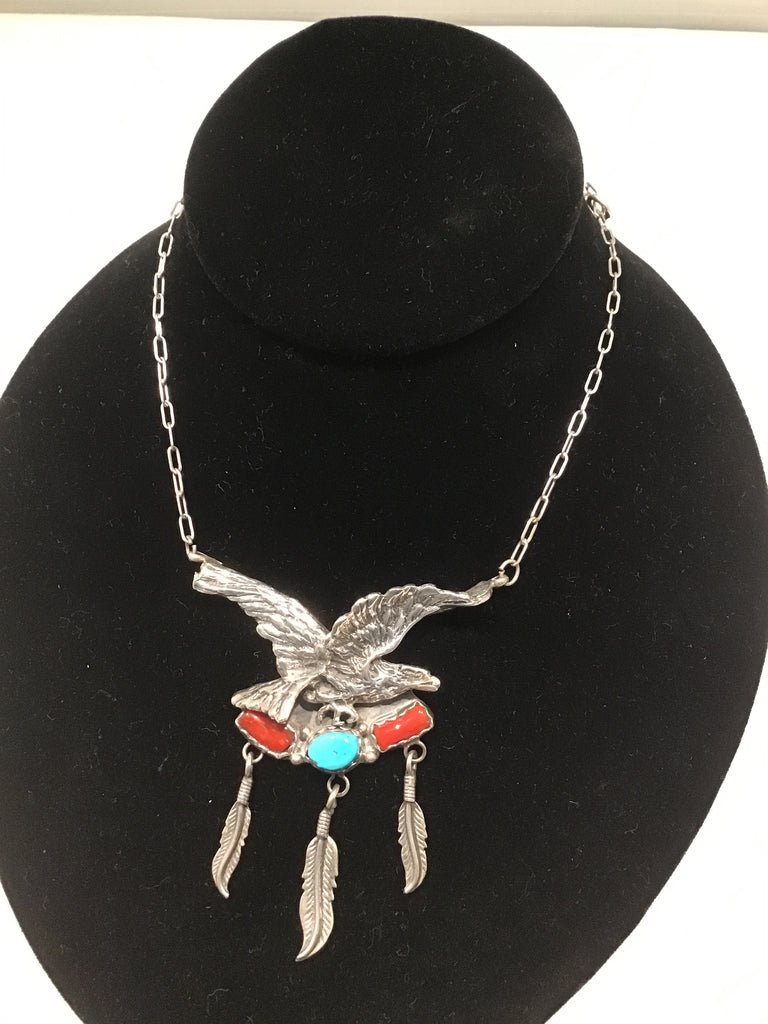 Sterling turquoise and coral eagle necklace