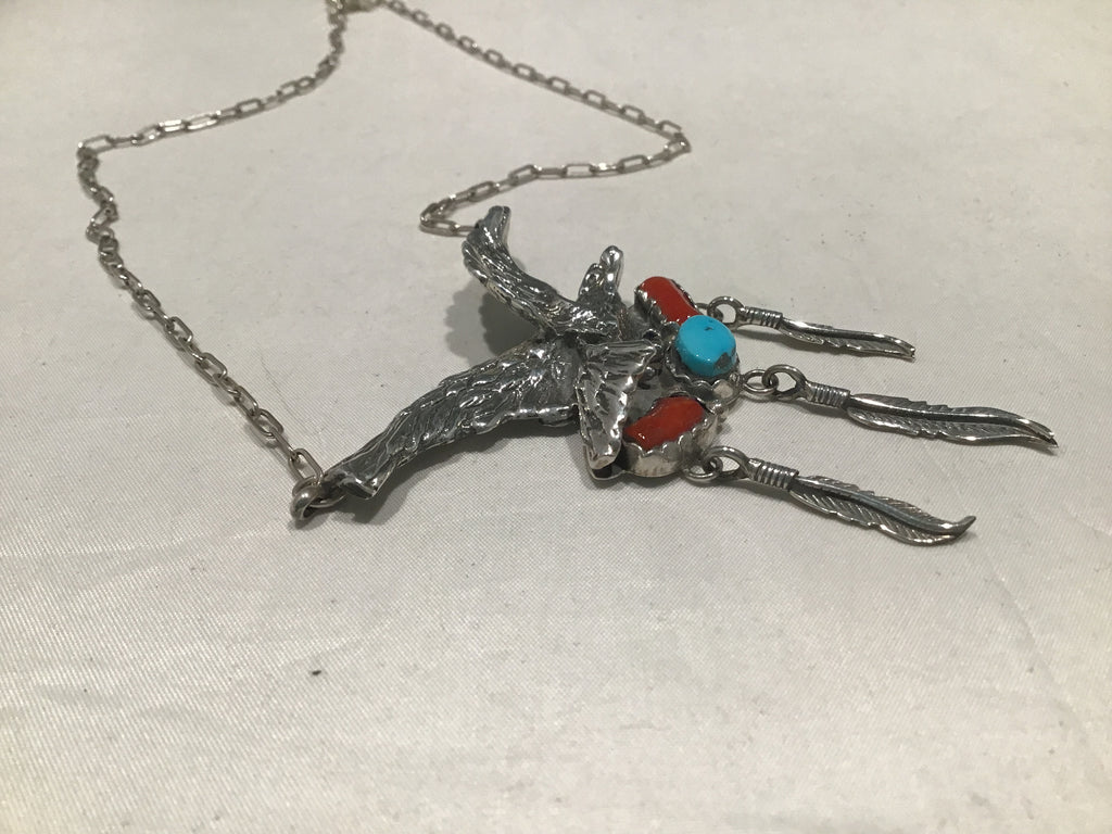 Sterling turquoie and coral eagle necklace