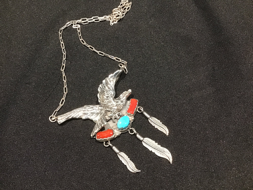 Sterling turquoise and coral eagle necklace